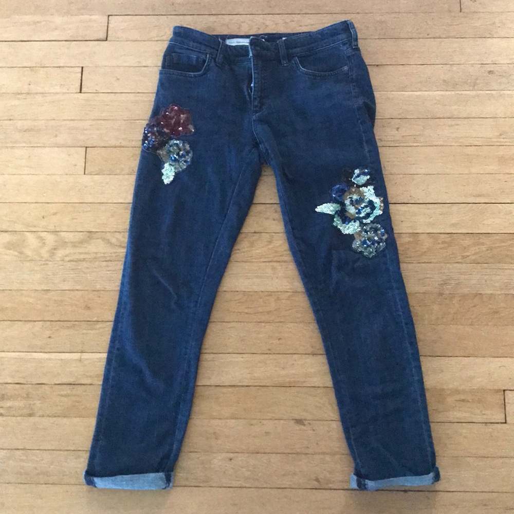 Anthropologie dark wash embroidered boyfriend jean